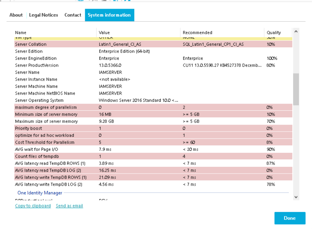 About Legal Notices Name Server Collation Server Edition Server EngineEdition Server Product/ersion Server Name Server Instance Name Server Machine Name Contact System information Wue Enterprise Edition *bit) Enterprise 13.0,53660 IAMSERVER < not available* IAMSERVER IAMSERVER Windows Server 2016 Standard 10.0 16 MB 9.28 GB 7.9m; 389 ms 1625 ms 21.09 ms 4.56 ms Recommended Enterprise CUII 130.55%27 K&4527378 Decemb... 56B 5GB Server Machine NetBIOS Name Server Operating System maximum degree of parallelism Minimum size Of server memory Maximum size of server memory priority boost optimize for ad hoc workload Cost Threshold for parallelism AVG wait for Page I/O Count files oftempdb AVG latency read TempDB ROWS (1) AVG latency read TernpDB LOG (2) AVG latency write TempDB ROWS (1) AVG write TempDB LOG (2) One Identity Manager Copy to clipboard Send as email 4 20 ms 7 ms 7 ms 7 ms Quality 80% 87% 78% Done 